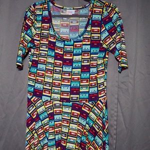 LulaRoe Nicole dress with cassette tapes pattern